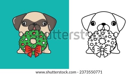Kawaii Vector Christmas Pug Dog Illustration and For Coloring Page. Funny Kawaii Xmas Puppy. Funny Vector Illustration of a Kawaii Pug for Christmas Stickers. 