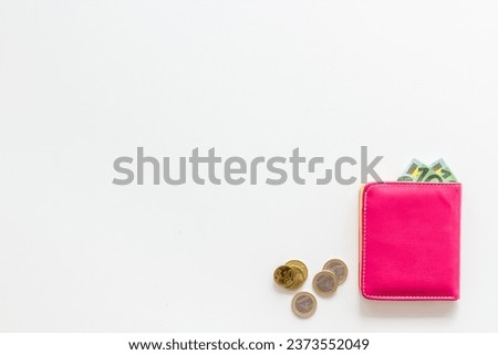 Pink female wallet with Euro banknotes. Counting money, economy concept.
