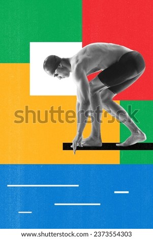 Young muscular man, professional swimmer preparing to swim into pool over multicolored background. Creative art collage. Concept of professional sport, competition and match, dynamics. Poster, ad Royalty-Free Stock Photo #2373554303