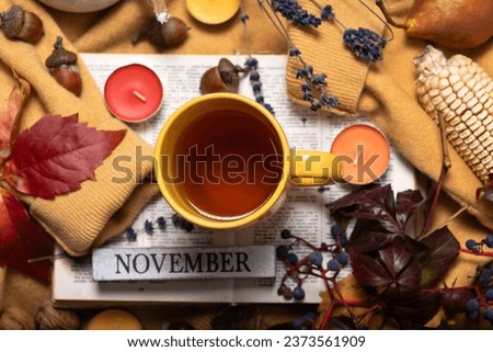 Autumn theme with autumn fruits and colors. A yellow sweater with a cup of tea on it, a book, autumn leaves, small scented candles and various fruits. Month November abstract background