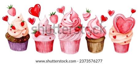 Watercolor drawing, set of cute cupcakes with pink cream and hearts. illustration for valentine's day.