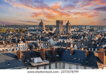 Aerial cityscape view of Tours City in the Loire Valley in sunset light in France