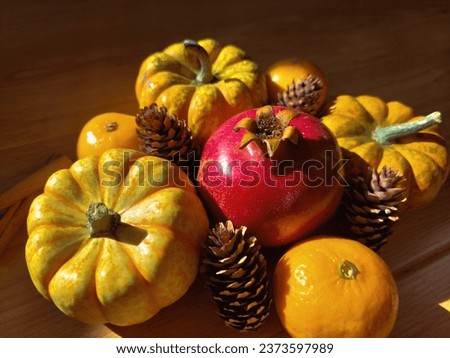 Still life shot of autumn products on a rustic background