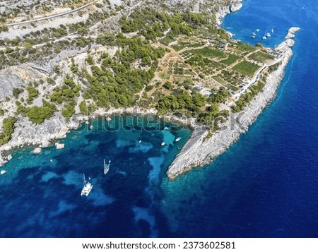 Beautiful aerial photo of beach in Zarace cove and coastline of Hvar island in Croatia