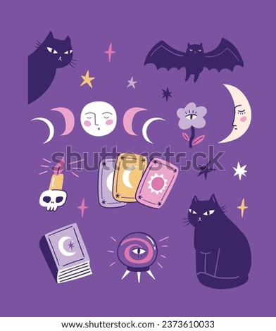 Vector Halloween clip art. Set of magic elements in hand-drawn style. Black cat and mystical objects.