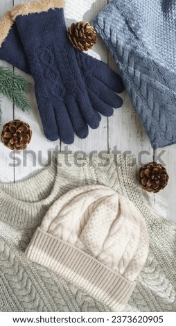 Winter clothes. Gloves, sweater and beanie.A sunny room.