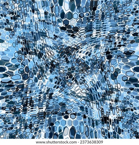 Camouflage seamless pattern with air blue hexagonal endless geometric camo ornament. Abstract modern winter military style background. Template for fabric and fashion print. Vector illustration