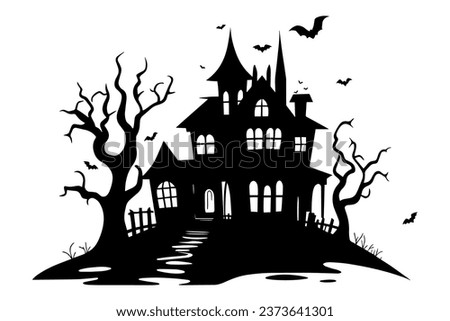 Halloween Haunted house silhouette, scene of ghost mansion. Vector illustration Royalty-Free Stock Photo #2373641301