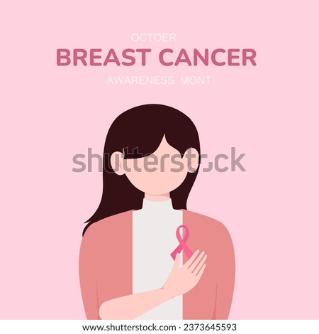 breast cancer awareness month for disease prevention campaign and woman with pink support ribbon symbol on chest concept, vector illustration.