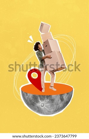 Poster collage picture of afro american boy courier carry hard parcel heavy carton boxes isolated on drawing background