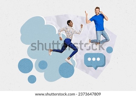 Collage picture of two excited cheerful people jump run speak telephone dialogue bubble isolated on drawing background