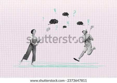Collage picture of two excited cheerful black white colors people hold butterfly net jump catch question exclamation mark clouds