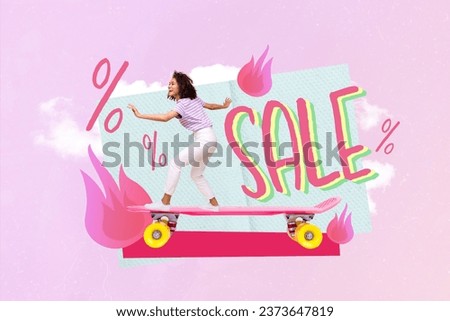 Artwork collage picture of excited mini girl ride huge skateboard painted flame big sale percent clouds isolated on pink background