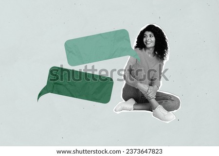 Photo banner portrait collage of young black white gamma person lady sitting floor dreamy speak with someone isolated on grey background Royalty-Free Stock Photo #2373647823