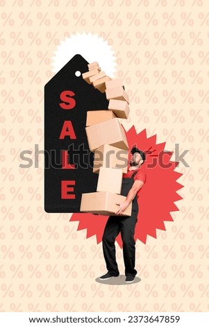 Collage advertisement fast worldwide delivery shipping young delivery guy courier packages sale label isolated on percent print background