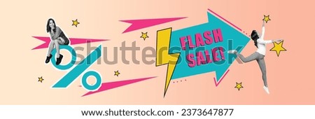 Horizontal illustration collage flash sale advertisement promo percent huge discount comics prices falling isolated on pink background Royalty-Free Stock Photo #2373647877