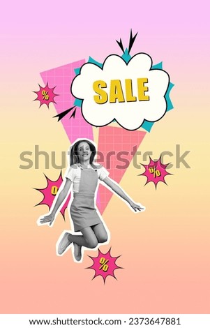 Photo collage illustration artwork of positive jumping energetic kid girl big sale percent low price promo isolated on pink background