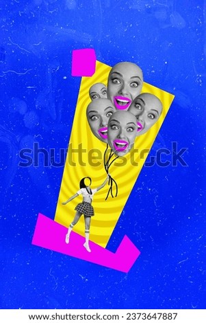 Image collage pinup pop picture of funky girl no face hold rope air balloons isolated on blue yellow color drawing background