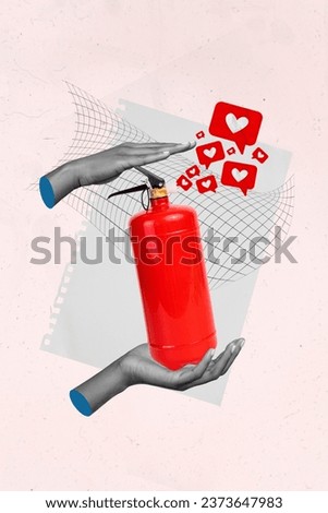 Vertical collage picture of black white colors arms hold fire extinguisher like notification paper list isolated on beige background