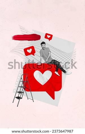 Vertical collage image of excited mini black white effect guy climb ladder sit point finger huge like notification isolated on beige background