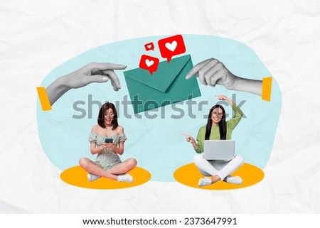 Artwork collage picture of two mini girls use smart phone netbook point fingers big arms hold letter envelope like notification
