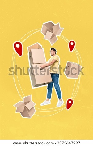 Vertical creative composite illustration photo collage of astonished man hold heavy boxes packages isolated on yellow color background