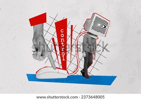 Artwork collage of black white colors arm finger press wired mouse button control connected pc display instead mini hypnotic guy head Royalty-Free Stock Photo #2373648005