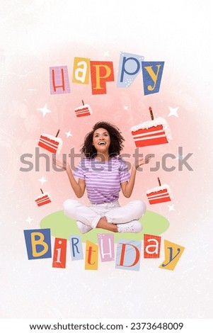 Image collage picture of positive joyful girl celebrating birthday anniversary eating cake isolated on drawing background
