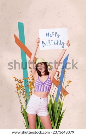Vertical creative composite photo collage of adorable girl hold placard over head celebrate happy birthday isolated on painted background