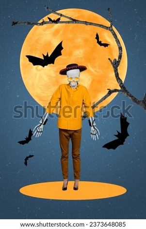 Vertical collage picture of dead skeleton person hang tree branch flying bats full moon isolated on dark night background