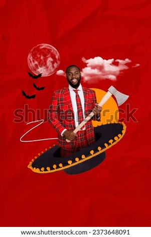 Collage picture of dangerous lumberman rising axe blade inside mexico cap isolated drawing red color background