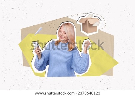 Composite creative artwork photo collage of good mood woman read notification on smartphone get packege isolated on drawing background