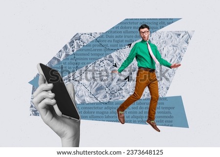Banner poster picture of huge arm hold modern device funky guy walk isolated on drawing background
