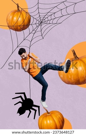 Vertical collage picture of amazed horrified crazy mini guy hold hang big spider web pumpkins isolated on purple background