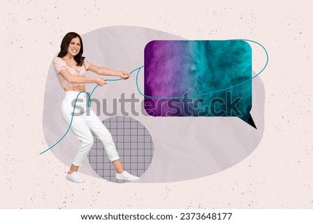 Composite creative photo collage of beautiful adorable woman drag dialog cloud information by lasso isolated on painted background