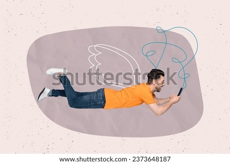 Creative collage image of positive carefree guy painted wings flying use smart phone connection head isolated on drawing background