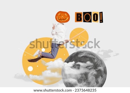 Photo collage artwork minimal picture of gourd head wizard flying broomstick showing v-sign isolated white color background