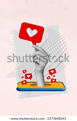 Vertical creative composite photo collage of hand hold big social media like from smartphone touchscreen isolated on painted background Royalty-Free Stock Photo #2373648241