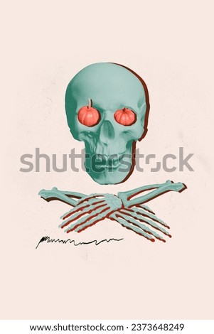 Vertical composite creative photo collage of skull with pumpkin eyes promoting halloween party isolated on pastel color background