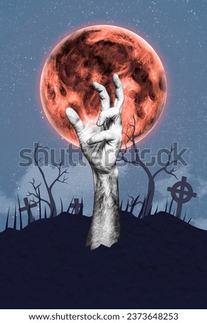 Vertical collage picture of undead zombie arm stick ground graveyard full moon light isolated on night creative background