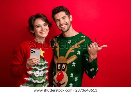 Photo of family two people lady guy demonstrate season christmas promo isolated bright color background