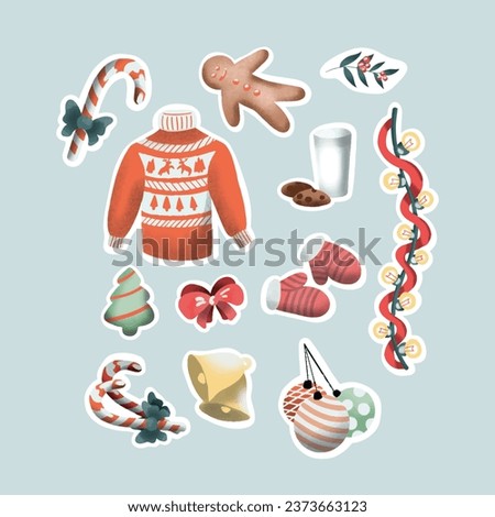set of New Year's attributes, Christmas tree and New Year's toys, elements of Christmas tree decoration and gifts. Vector illustration.