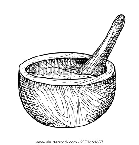 Wooden Mortar and Pestle. Vector hand drawn black illustration of Bowl for Spa therapy and alternative medicine design on isolated white background. Drawing of object for alchemy or aroma therapy.