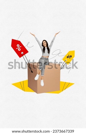 Vertical collage image of cheerful mini girl sit big carton box special sale offer placard isolated on creative white background