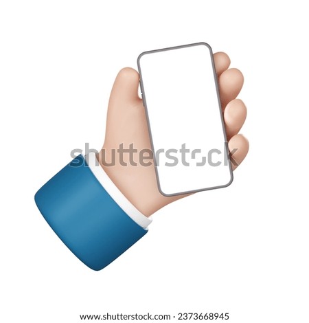 Hand with smart phone icon. Cartoon character holds mobile gadget with blank touch screen. Business clip art isolated on white background. 3D illustration. Has clipping path