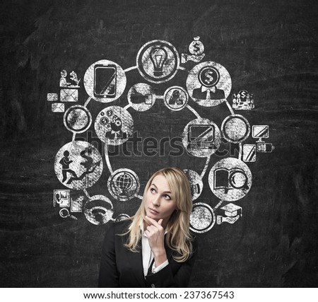 businesswoman thinking and drawing business icon over head