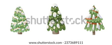 set with Christmas decorative green trees with lights and garlands, serpentine. Forest, woodland plants. Cute cartoon simple illustration. Isolated clip art