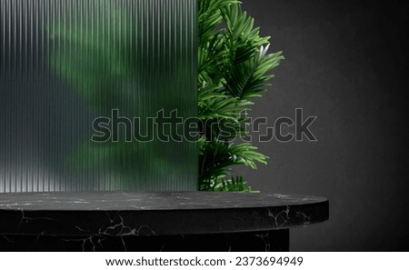 Empty black marble table and tropical plant behind textured glass panel. Home interior showroom background.  Luxury tabletop counter product placement montage.