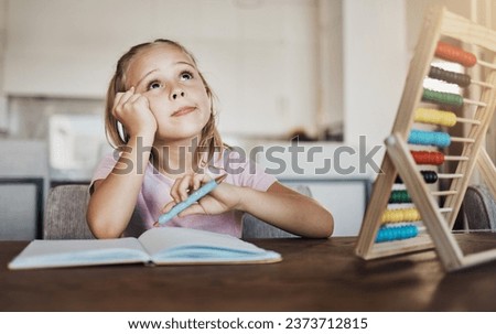 Thinking, homework and girl with abacus for learning mathematics, counting and studying. Education, school and kid brainstorming with notebook for child development, knowledge and lesson at home