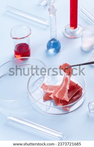 Cultured meat. Bacon in Glass Petri Dish. Laboratory Studies of Artificial Meat. Chemical Stock Image